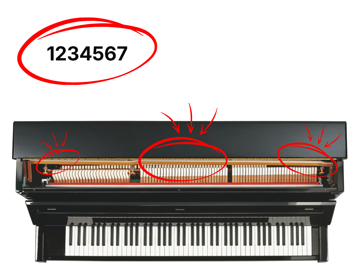 An upright piano with the serial number locations circled inside the top lid